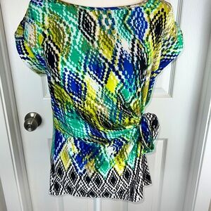 Valerie Stevens Geometric Cap Sleeve Tie Waist Casual Business Blouse